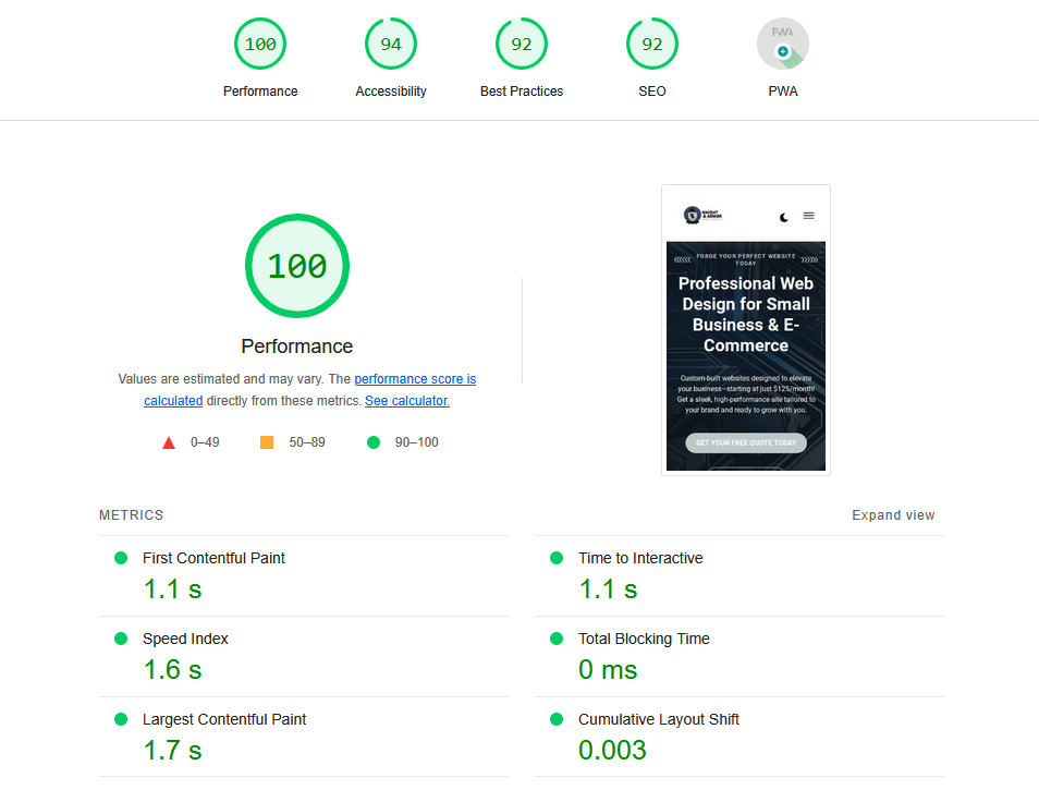 Google Lighthouse report showing a 100 performance score, and 90+ SEO, and accessibility scores for a Knight & Armor Web Design client website